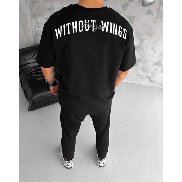 Erkek Kısa Kol Yazlık Tişört Bisiklet Yaka Baskılı Oversize T-Shirt - Siyah