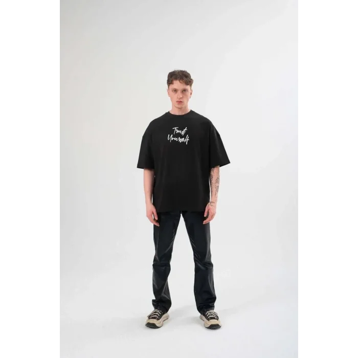 Erkek Kısa Kol Yazlık Tişört Bisiklet Yaka Baskılı Oversize T-Shirt -  Siyah