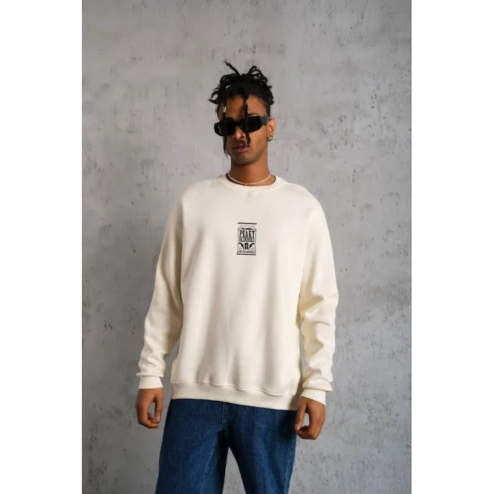 ERKEK 3 İplik Pamuklu Bisiklet Yaka Baskılı Oversize Sweatshirt - Beyaz