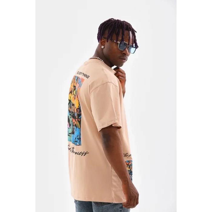 Erkek  Bisiklet Yaka Baskılı Oversize T-Shirt - Bej