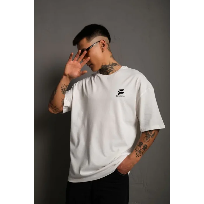 Erkek Kısa Kol Yazlık Tişört Bisiklet Yaka Baskılı Oversize T-Shirt - Beyaz