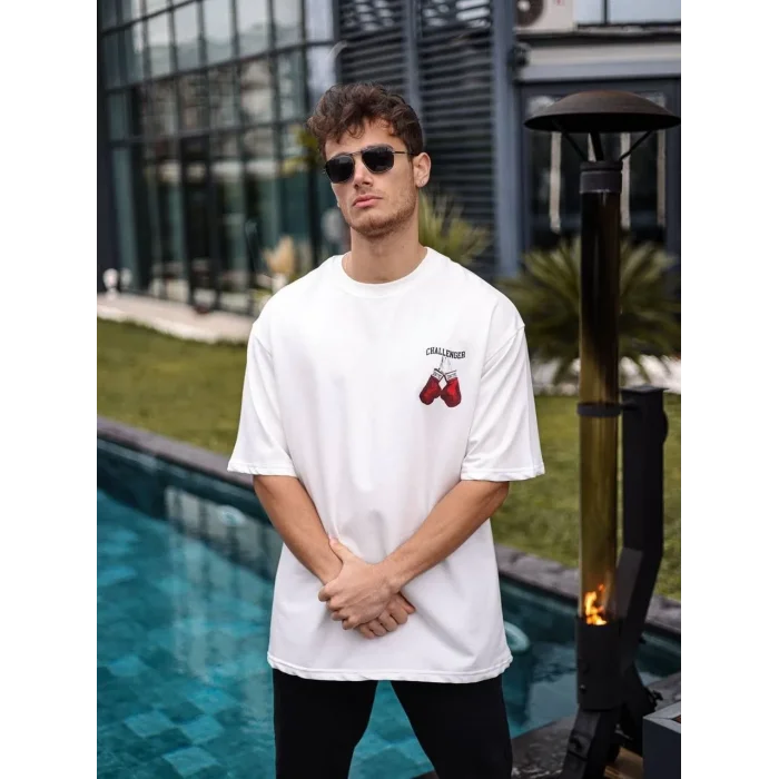 Erkek Kısa Kol Tişört Bisiklet Yaka Boxy Eldiven Baskılı T-Shirt - Beyaz