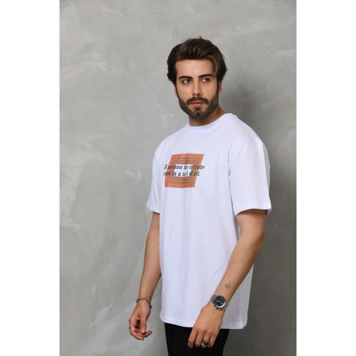 Erkek Baskılı T-Shirt Kısa Kol Bisiklet Yaka Regular Fit Rahat Kalıp Tişört -  Beyaz