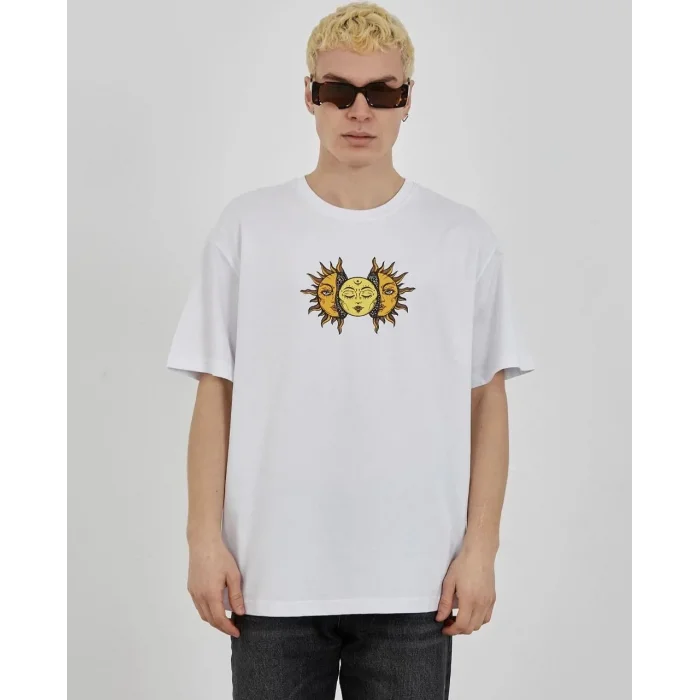 Erkek Kısa Kol Yazlık Tişört Bisiklet Yaka Baskılı Oversize T-Shirt - Beyaz