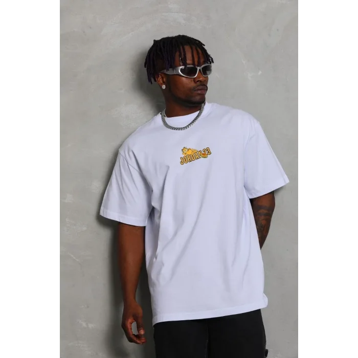 Erkek Kısa Kol Yazlık Tişört Bisiklet Yaka Baskılı Oversize T-Shirt - Beyaz