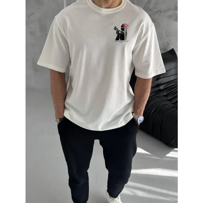 Erkek Kısa Kol Yazlık Tişört Bisiklet Yaka Baskılı Oversize T-Shirt - Beyaz