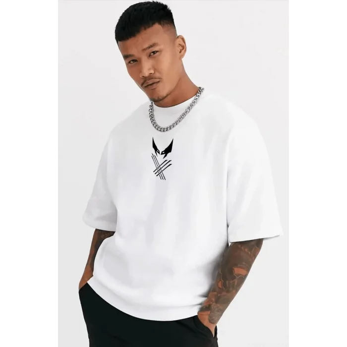 Erkek Kısa Kol Yazlık Tişört Bisiklet Yaka Baskılı Oversize T-Shirt - Beyaz