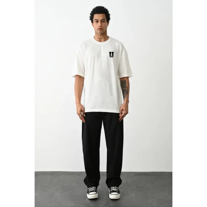 Erkek Kısa Kol Yazlık Tişört Bisiklet Yaka Baskılı Oversize T-Shirt - Beyaz