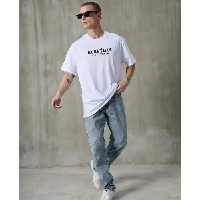 Erkek Kısa Kol Yazlık Tişört Bisiklet Yaka Baskılı Oversize T-Shirt - Beyaz