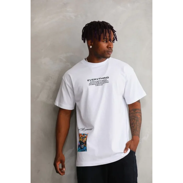 Erkek Bisiklet Yaka Baskılı Oversize T-Shirt - Beyaz