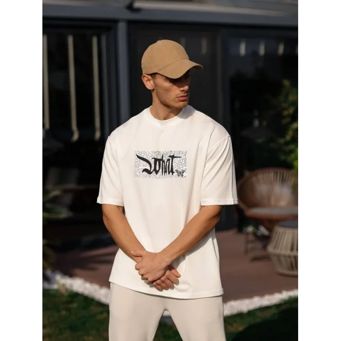 Erkek Kısa Kol Yazlık Tişört Bisiklet Yaka Baskılı Oversize T-Shirt - Beyaz