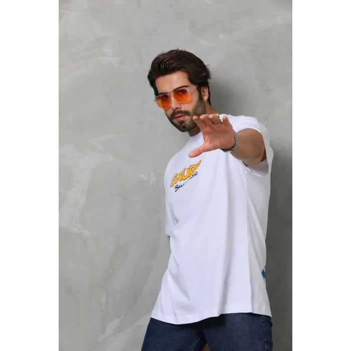 Erkek Kısa Kol Yazlık Tişört Bisiklet Yaka Baskılı Oversize T-Shirt - Beyaz