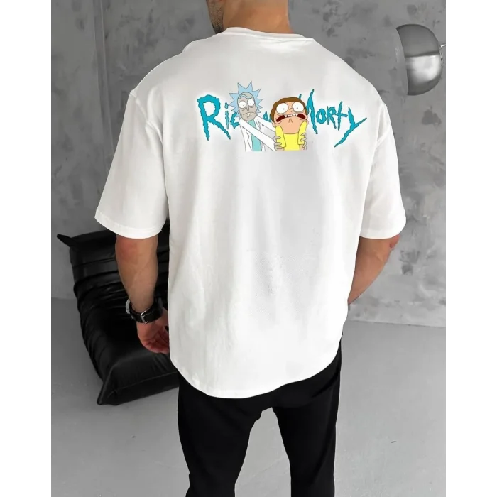 Erkek Kısa Kol Tişört Bisiklet Yaka RİCK AND MORTY Baskılı T-Shirt - Beyaz