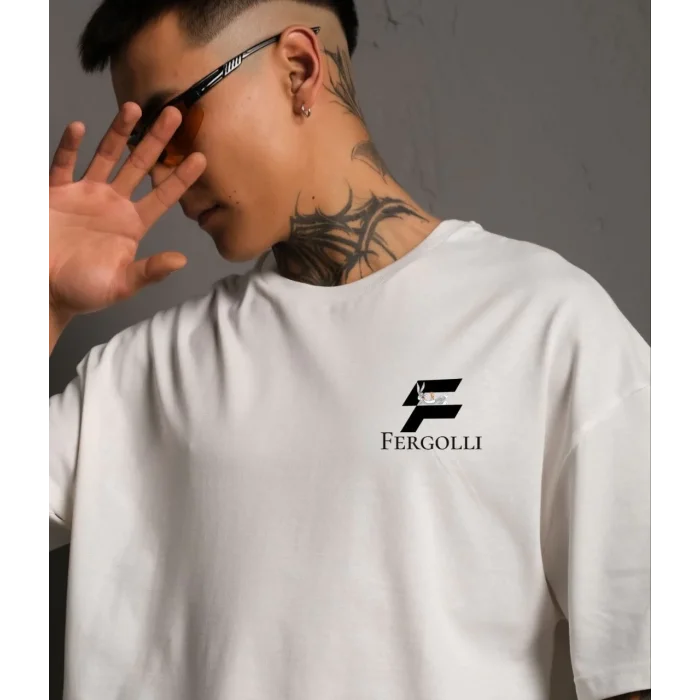 Erkek Kısa Kol Yazlık Tişört Bisiklet Yaka Baskılı Oversize T-Shirt - Beyaz
