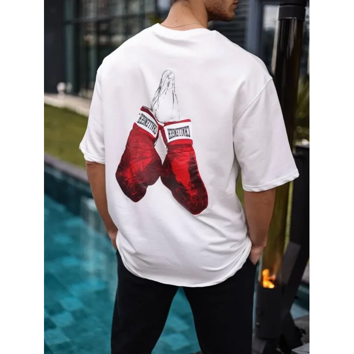 Erkek Kısa Kol Tişört Bisiklet Yaka Boxy Eldiven Baskılı T-Shirt - Beyaz