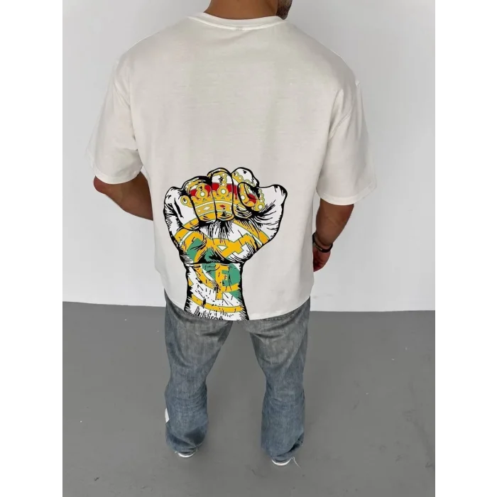 Erkek Kısa Kol Yazlık Tişört Bisiklet Yaka Baskılı Oversize T-Shirt - Beyaz