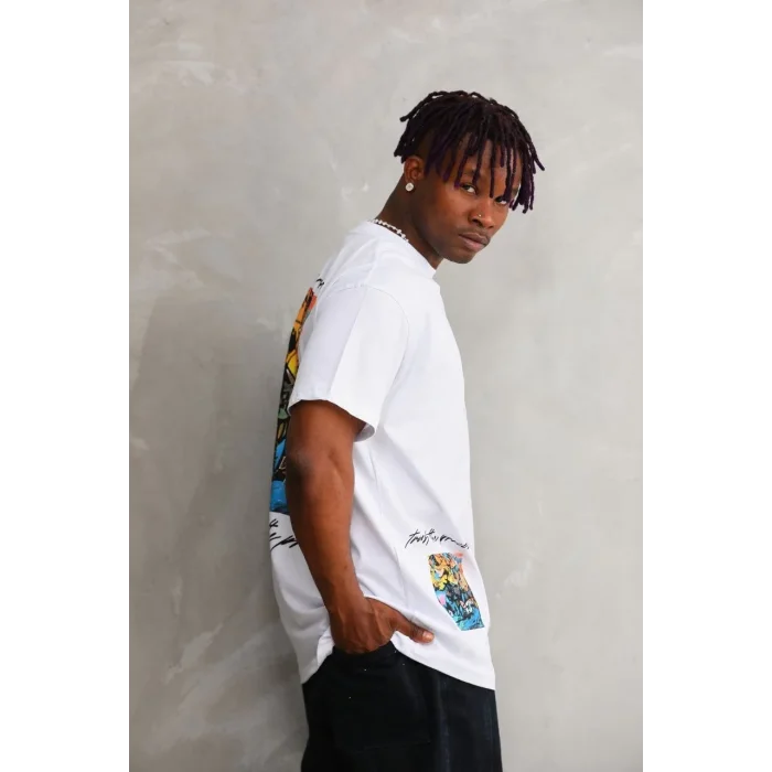 Erkek Bisiklet Yaka Baskılı Oversize T-Shirt - Beyaz