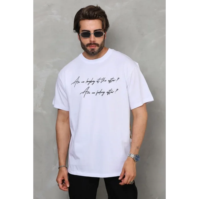 Erkek Kısa Kol Yazlık Tişört Bisiklet Yaka Baskılı Oversize T-Shirt - Beyaz