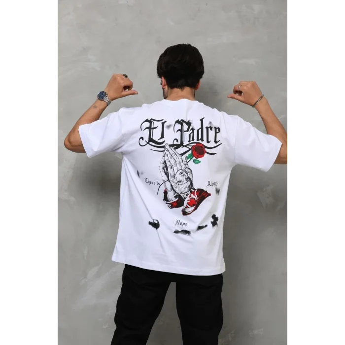 Erkek Kısa Kol Yazlık Tişört Bisiklet Yaka Baskılı Oversize T-Shirt - Beyaz