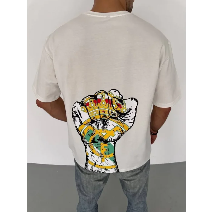 Erkek Kısa Kol Yazlık Tişört Bisiklet Yaka Baskılı Oversize T-Shirt - Beyaz