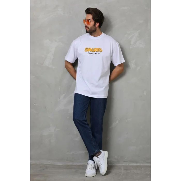 Erkek Kısa Kol Yazlık Tişört Bisiklet Yaka Baskılı Oversize T-Shirt - Beyaz