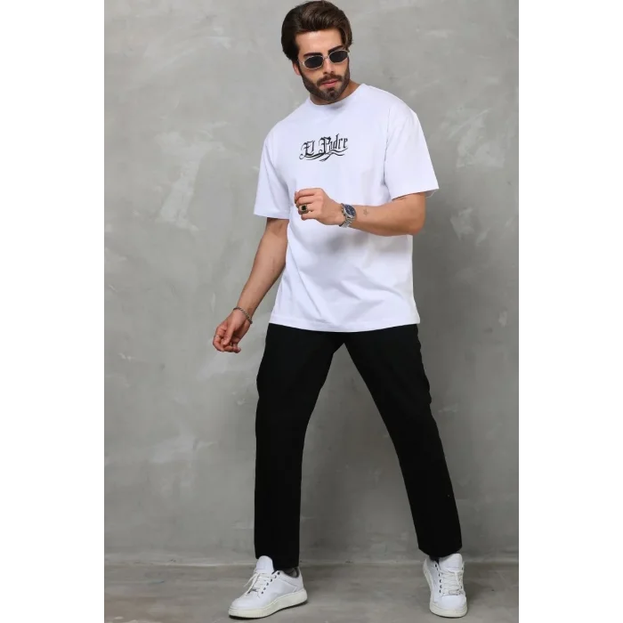 Erkek Kısa Kol Yazlık Tişört Bisiklet Yaka Baskılı Oversize T-Shirt - Beyaz
