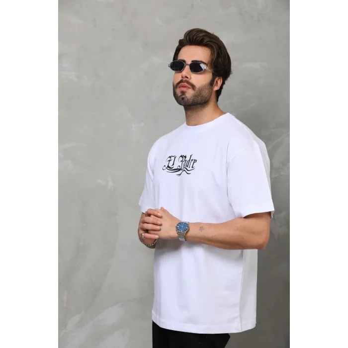 Erkek Kısa Kol Yazlık Tişört Bisiklet Yaka Baskılı Oversize T-Shirt - Beyaz