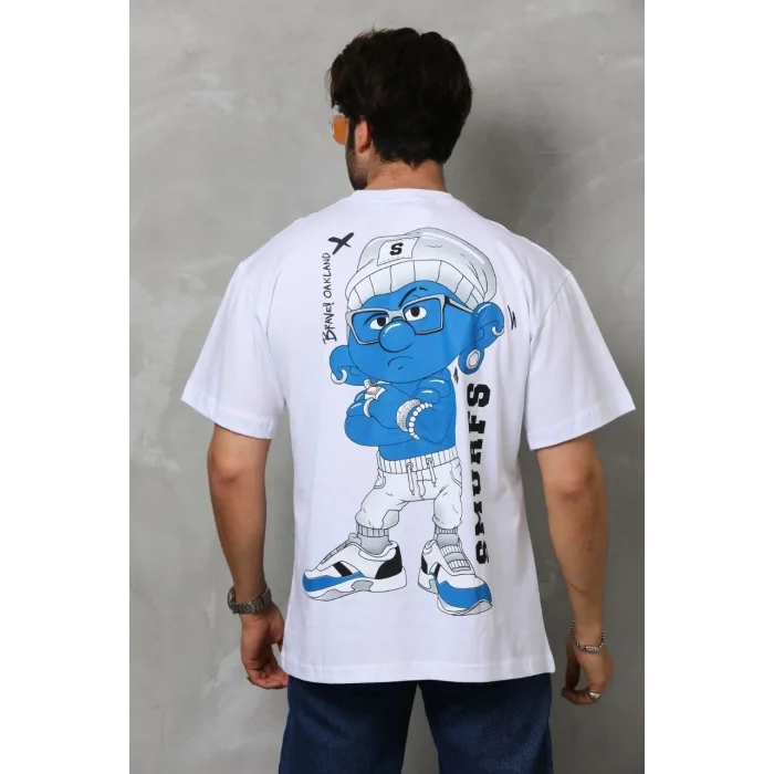 Erkek Kısa Kol Yazlık Tişört Bisiklet Yaka Baskılı Oversize T-Shirt - Beyaz