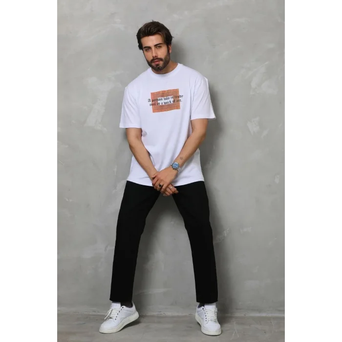 Erkek Baskılı T-Shirt Kısa Kol Bisiklet Yaka Regular Fit Rahat Kalıp Tişört -  Beyaz