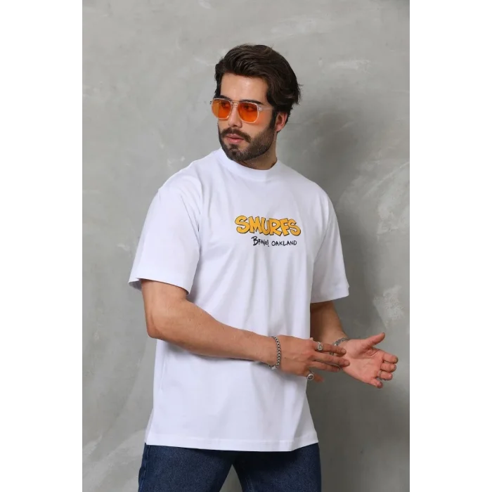 Erkek Kısa Kol Yazlık Tişört Bisiklet Yaka Baskılı Oversize T-Shirt - Beyaz