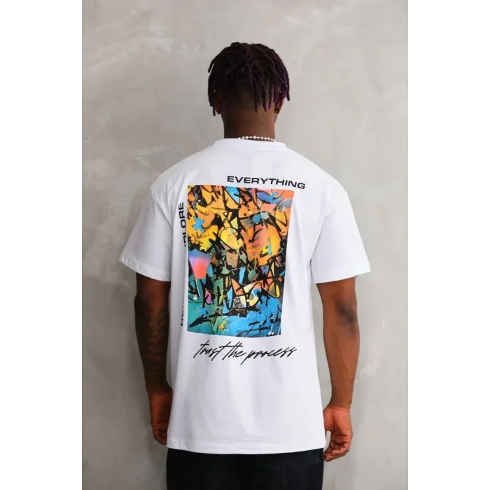 Erkek Bisiklet Yaka Baskılı Oversize T-Shirt - Beyaz