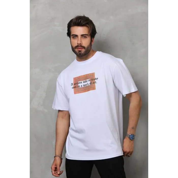 Erkek Baskılı T-Shirt Kısa Kol Bisiklet Yaka Regular Fit Rahat Kalıp Tişört -  Beyaz