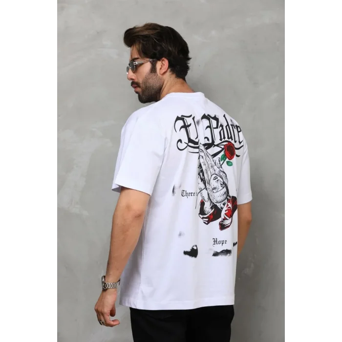Erkek Kısa Kol Yazlık Tişört Bisiklet Yaka Baskılı Oversize T-Shirt - Beyaz
