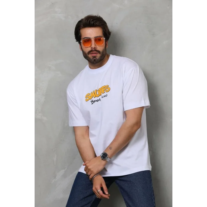 Erkek Kısa Kol Yazlık Tişört Bisiklet Yaka Baskılı Oversize T-Shirt - Beyaz