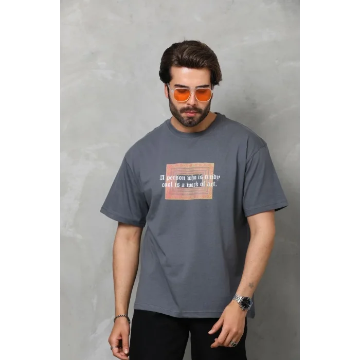 Erkek Baskılı T-Shirt Kısa Kol Bisiklet Yaka Regular Fit Rahat Kalıp Tişört -  Füme