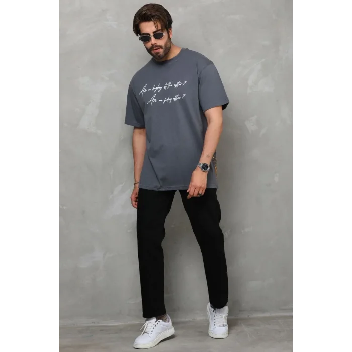 Erkek Kısa Kol Yazlık Tişört Bisiklet Yaka Baskılı Oversize T-Shirt - Füme