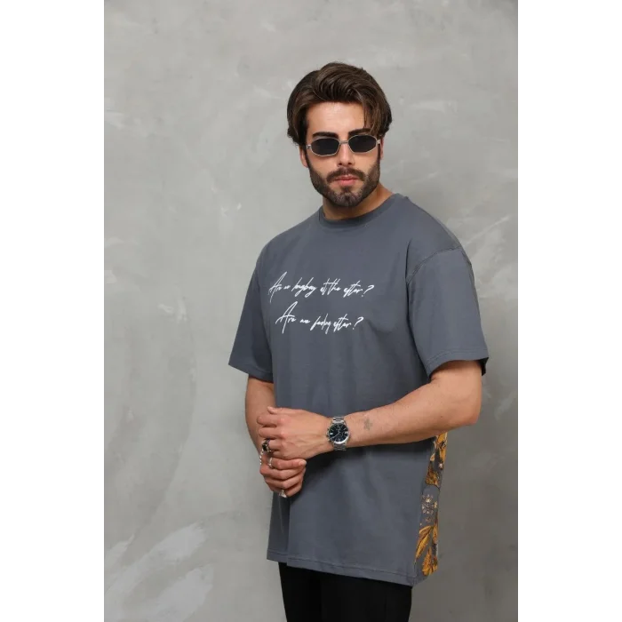 Erkek Kısa Kol Yazlık Tişört Bisiklet Yaka Baskılı Oversize T-Shirt - Füme