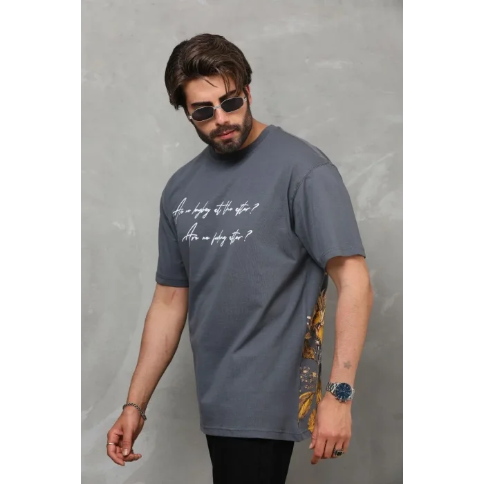Erkek Kısa Kol Yazlık Tişört Bisiklet Yaka Baskılı Oversize T-Shirt - Füme