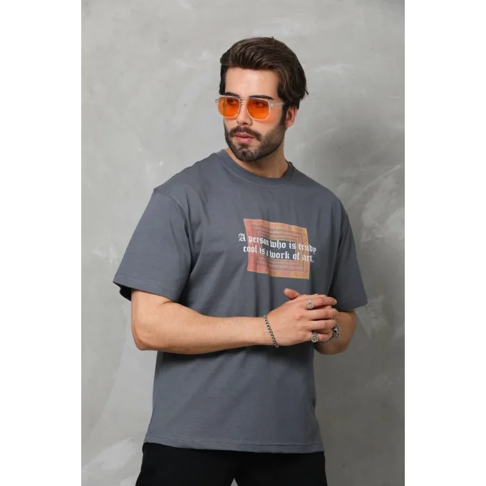 Erkek Baskılı T-Shirt Kısa Kol Bisiklet Yaka Regular Fit Rahat Kalıp Tişört -  Füme