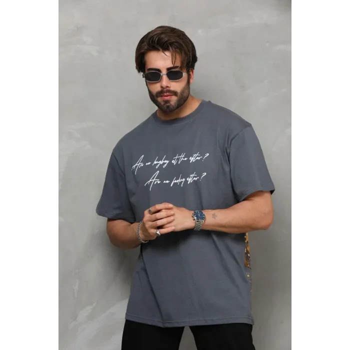 Erkek Kısa Kol Yazlık Tişört Bisiklet Yaka Baskılı Oversize T-Shirt - Füme