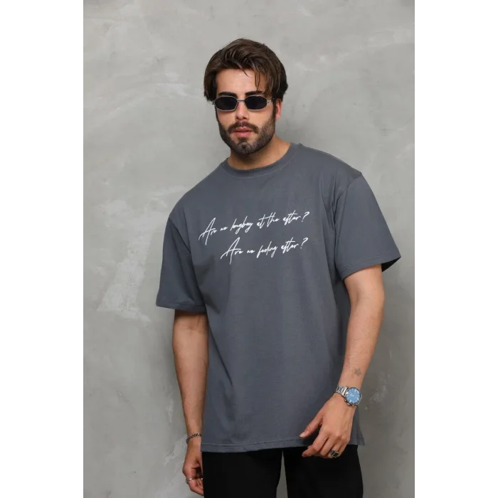 Erkek Kısa Kol Yazlık Tişört Bisiklet Yaka Baskılı Oversize T-Shirt - Füme