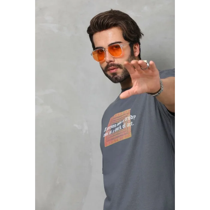 Erkek Baskılı T-Shirt Kısa Kol Bisiklet Yaka Regular Fit Rahat Kalıp Tişört -  Füme