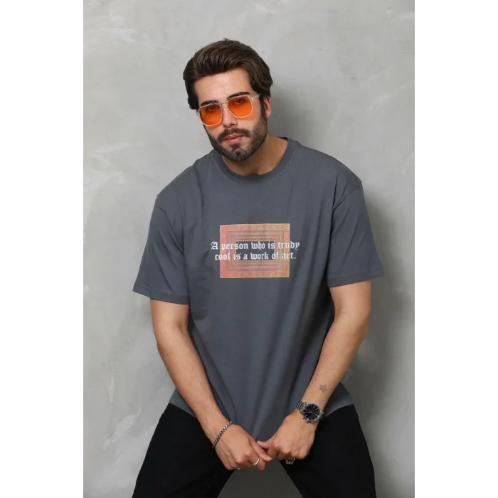 Erkek Baskılı T-Shirt Kısa Kol Bisiklet Yaka Regular Fit Rahat Kalıp Tişört -  Füme