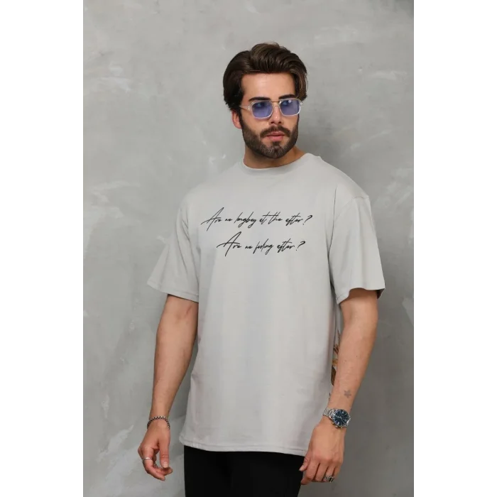 Erkek Kısa Kol Yazlık Tişört Bisiklet Yaka Baskılı Oversize T-Shirt - Gri