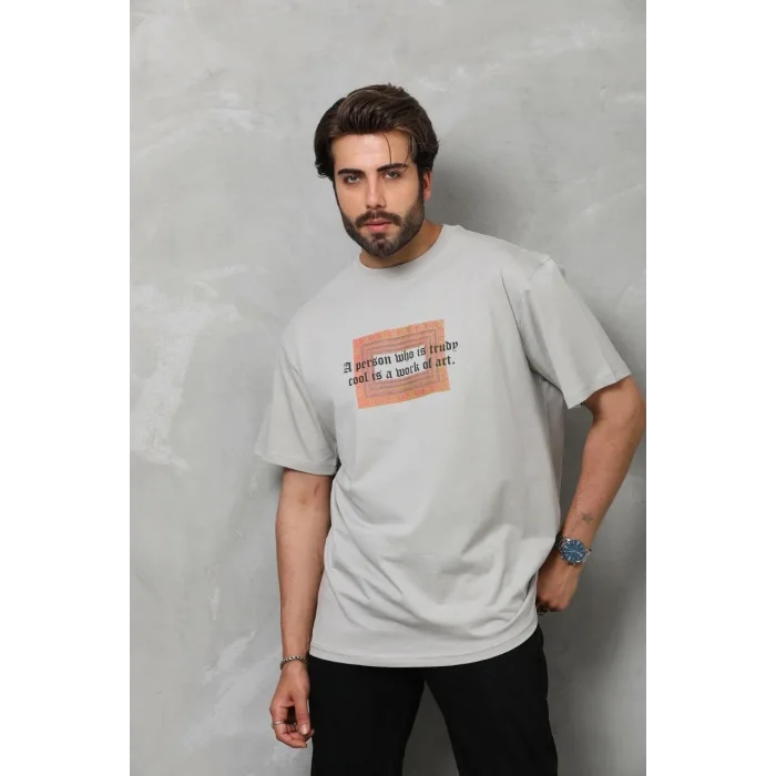 Erkek Baskılı T-Shirt Kısa Kol Bisiklet Yaka Regular Fit Rahat Kalıp Tişört -  Gri