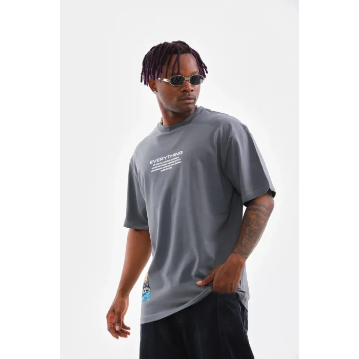 Erkek Tişort  Bisiklet Yaka Baskılı Oversize T-Shirt - Gri