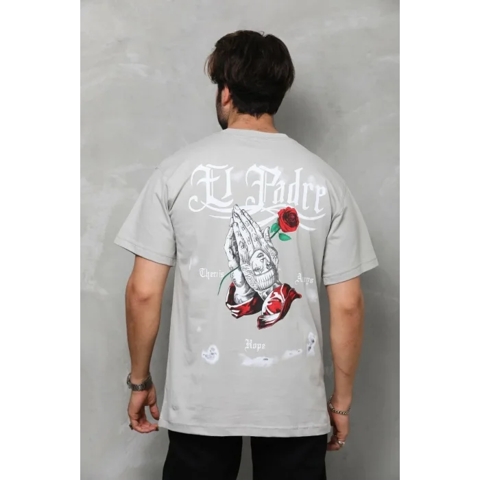 Erkek Kısa Kol Yazlık Tişört Bisiklet Yaka Baskılı Oversize T-Shirt - Gri