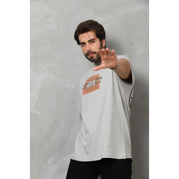 Erkek Baskılı T-Shirt Kısa Kol Bisiklet Yaka Regular Fit Rahat Kalıp Tişört -  Gri