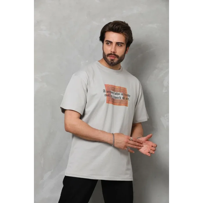 Erkek Baskılı T-Shirt Kısa Kol Bisiklet Yaka Regular Fit Rahat Kalıp Tişört -  Gri