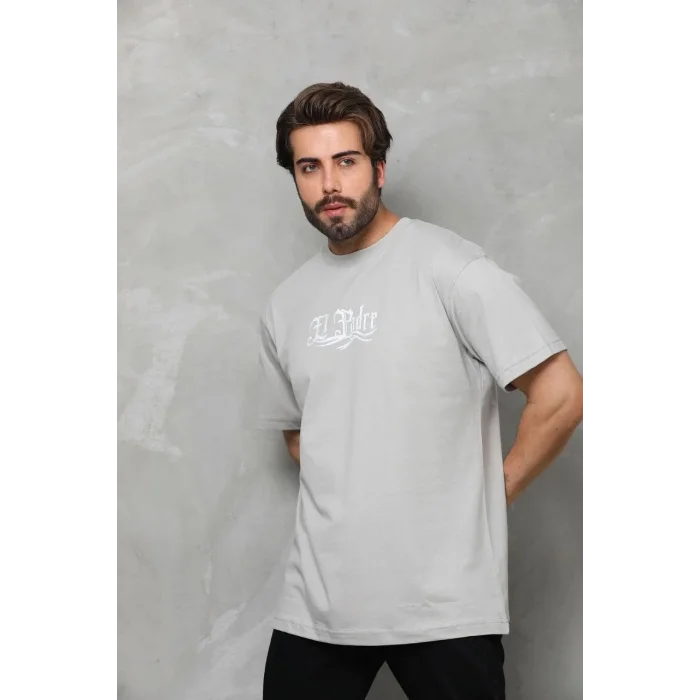 Erkek Kısa Kol Yazlık Tişört Bisiklet Yaka Baskılı Oversize T-Shirt - Gri